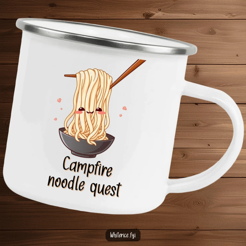Funny camping mug with a silly rice noodle playfully weaving through chopsticks, designed for outdoor enthusiasts.