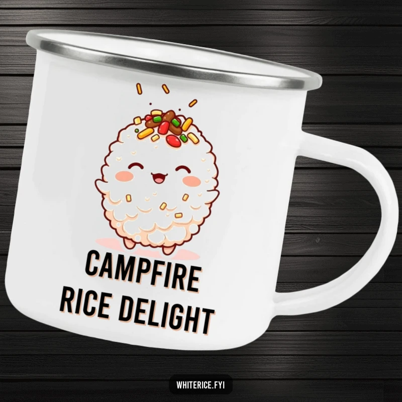 Funny kawaii camping mug with a winking fried rice character, perfect for outdoor dining enjoyment.