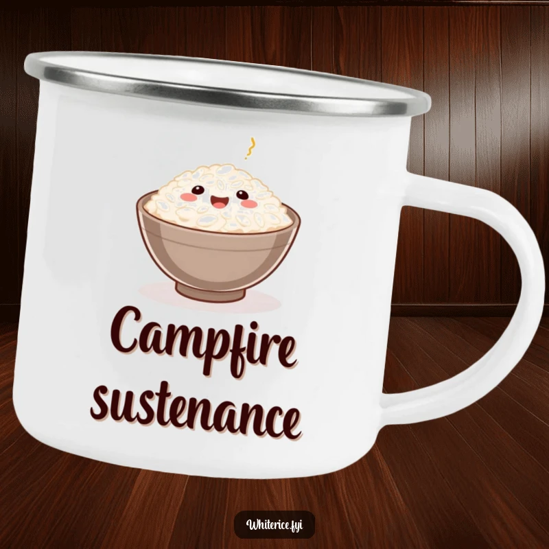 Funny Rice Grain Camping Mug showing a happy rice grain served in a small bowl, ideal for enjoying drinks outdoors with comfort.