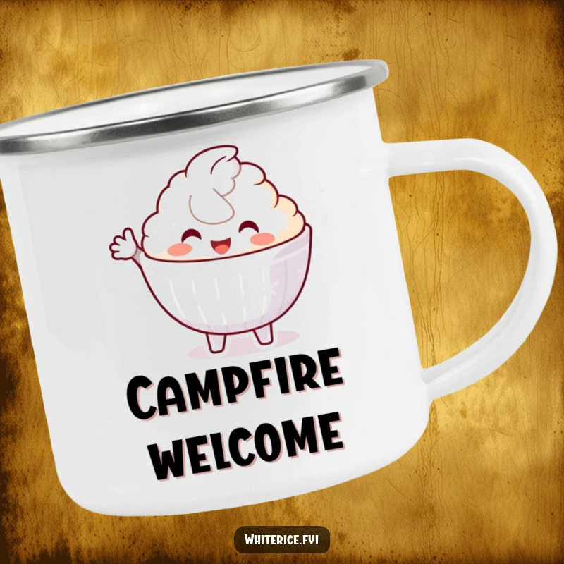 Funny camping mug with a delighted white rice bowl character making a welcoming gesture, perfect for hospitable outdoor enjoyment.
