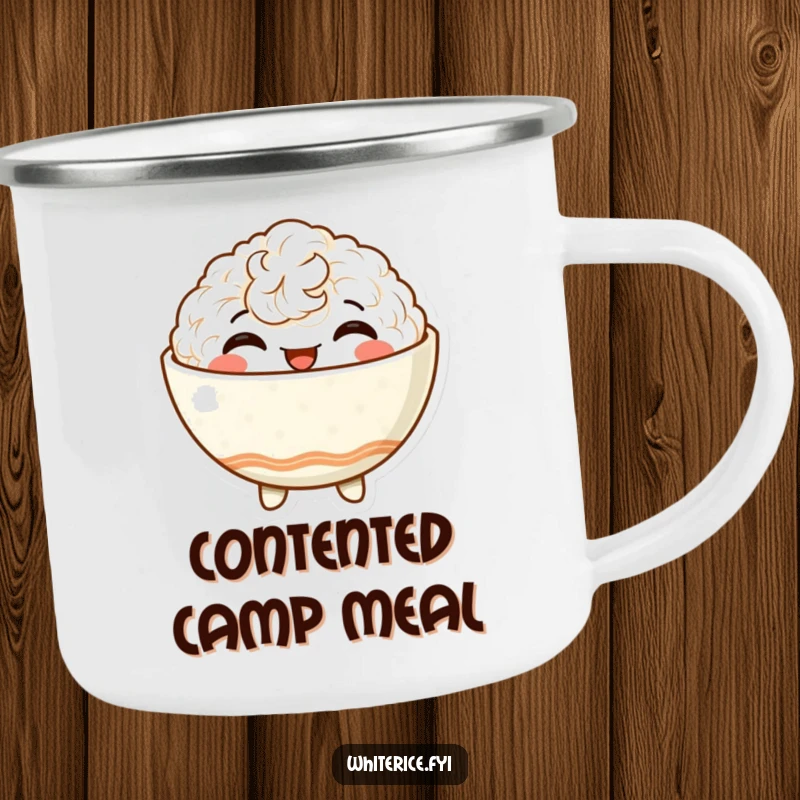 Funny camping mug with a delighted, anthropomorphic rice bowl character beaming with satisfaction, perfect for outdoor enjoyment and happy campers.