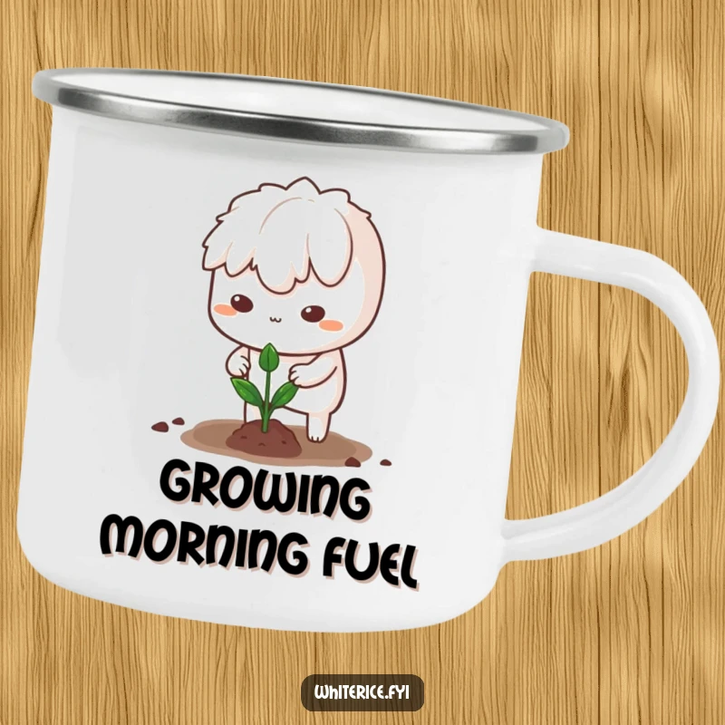 Funny camping mug with a determined white rice character planting a sprout, for outdoor grit and humor.
