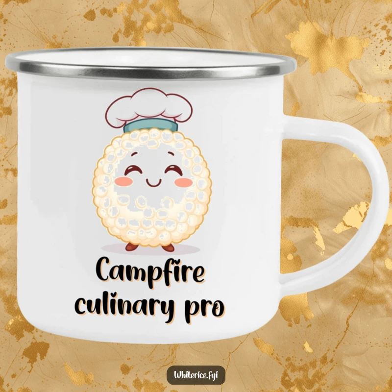 Funny smiling white rice grain character in a chef hat, on a durable camping mug, perfect for enjoying drinks in the great outdoors.