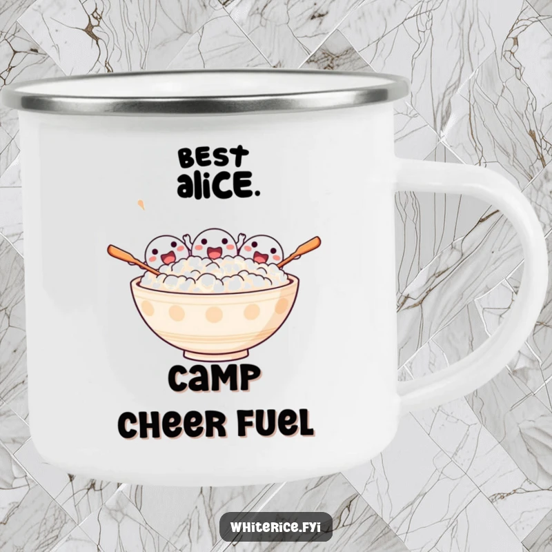 Funny camping mug with an excited bowl of rice characters cheering with spoons, ideal for outdoor celebrations.