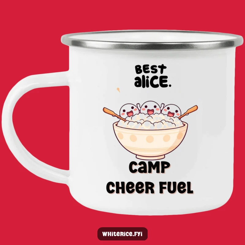 Funny Excited Rice Camping Mug: Cheering Cup, Outdoor Celebration Gift!