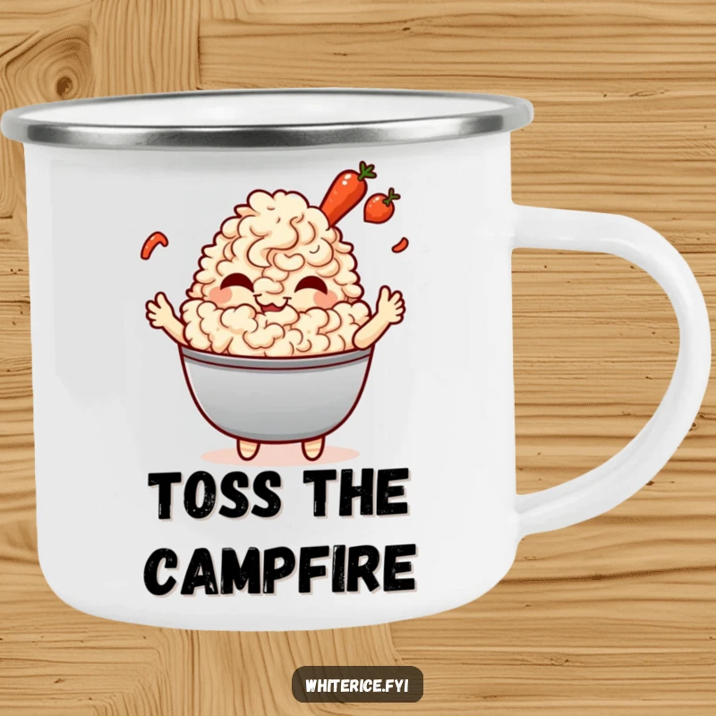 Funny Fried Rice Camping Mug: A giggling Kawaii character tossing vegetables, bringing culinary humor and joy to outdoor adventures.
