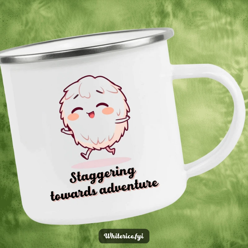 Funny camping mug with a giggling rice character in a comical stagger, built for durability and humorous enjoyment.