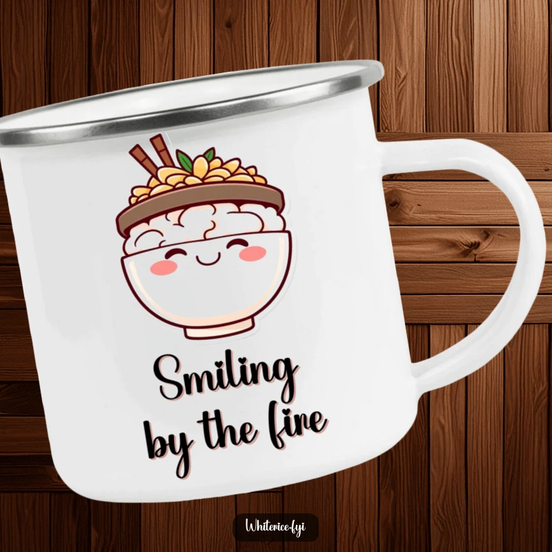 Funny happy rice bowl camping mug, beaming with a big smile, a cheerful companion for outdoor enjoyment.