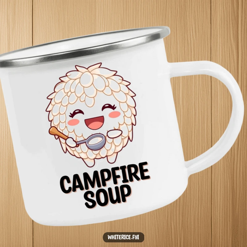 Funny camping mug of a joyful rice character with a huge smile holding a tiny ladle, ideal for outdoor cooking enjoyment.