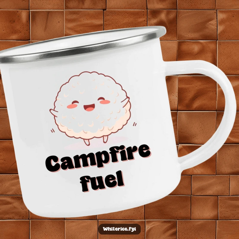 Funny happy rice camping mug featuring a joyful mound of white rice bouncing happily, ready for outdoor fun.