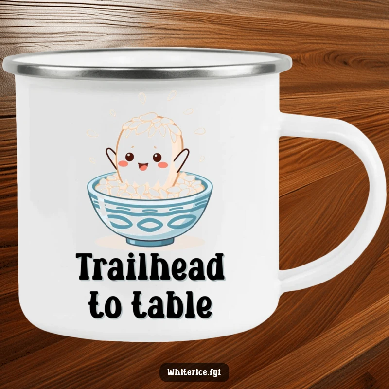 Funny kawaii white rice grain character leaping into a steaming rice bowl, on a durable camping mug, perfect for enjoying beverages outdoors.