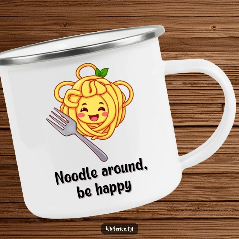 Funny camping mug with a joyful yellow noodle character twirling noodles around a fork, perfect for happy outdoor meals.