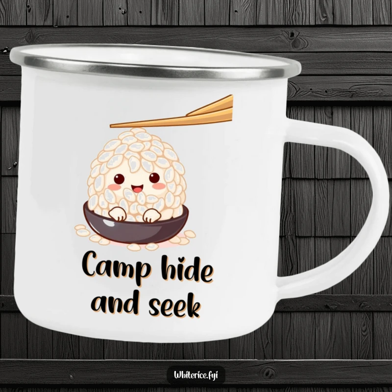 Funny charming white rice grain character peeking from under a chopstick, on a durable camping mug, perfect for enjoying beverages outdoors with a hint of mystery.