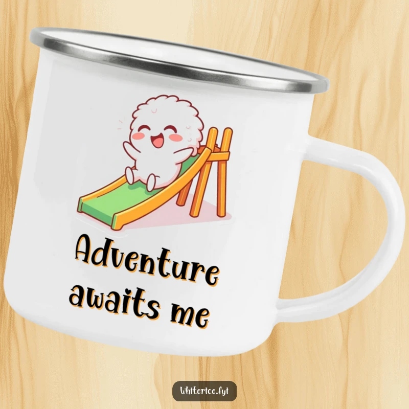 Funny camping mug showcasing a giggling white rice character sliding down a miniature slide, perfect for outdoor use and bringing humor to camp life.