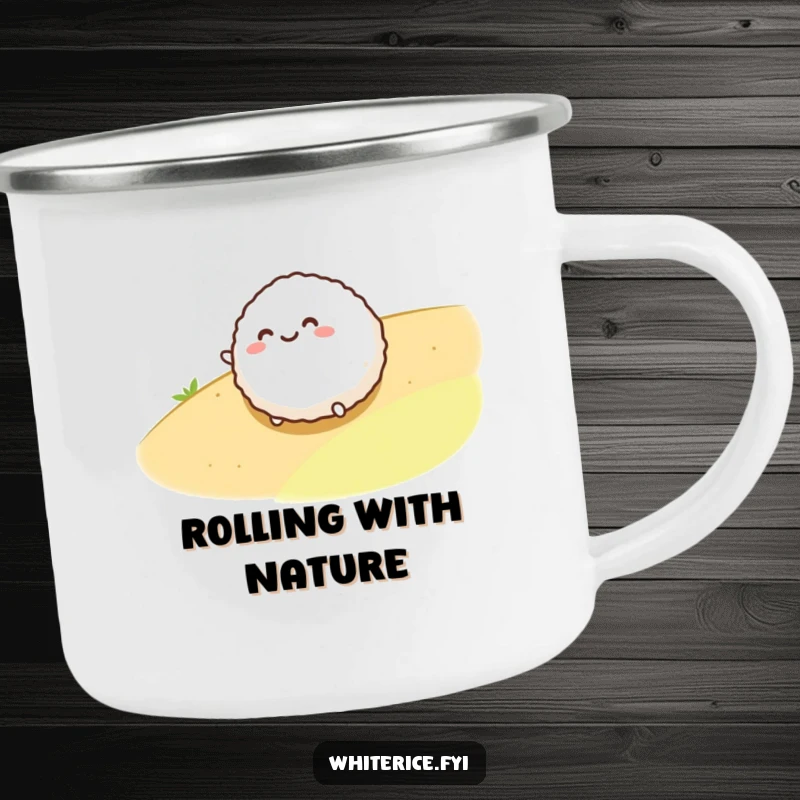 Funny camping mug with a smiling rice ball character rolling, perfect for outdoor enthusiasts seeking a dose of humor.