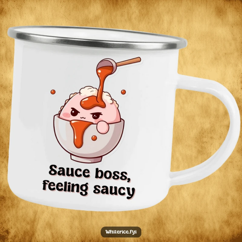 Funny camping mug with a determined pink rice bowl character pouring savory sauce, perfect for outdoor culinary humor.
