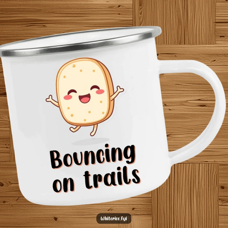 Funny camping mug featuring a happy rice cake character bouncing, ideal for outdoor fun and cheerful sips.