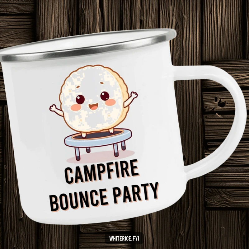 Funny camping mug with a giggling rice cake bouncing like a mini trampoline, perfect for outdoor enjoyment.