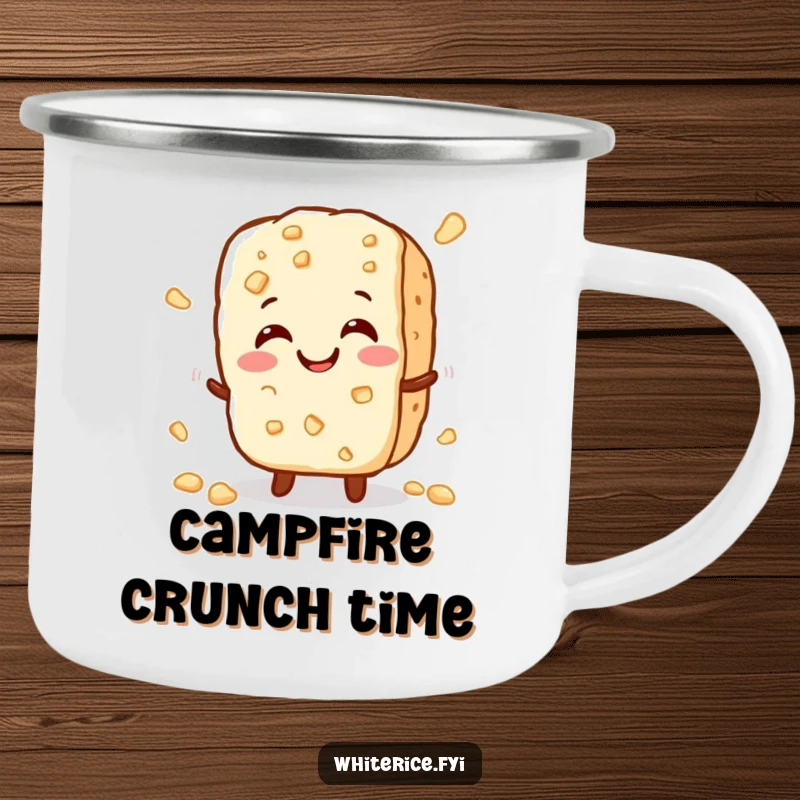 Funny camping mug with a cheerful, small rice cracker character crumbles slightly with a happy crunch, perfect for outdoor enjoyment.