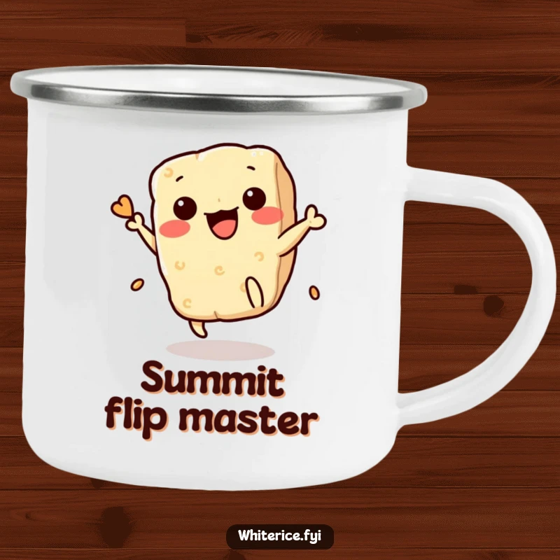Funny Rice Cracker Camping Mug: A playful Kawaii cracker mid-flip, ready for adventure and adding a humorous touch to outdoor drinks.