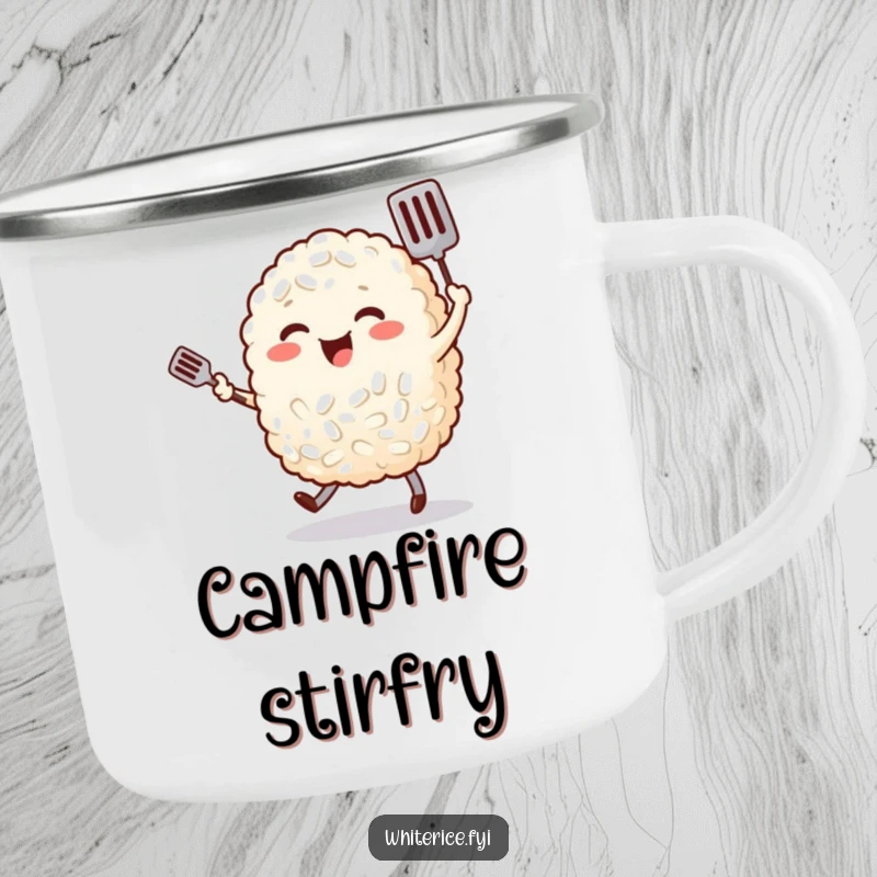 Funny rice character joyfully dancing with a tiny spatula, showcased on a durable camping mug for outdoor food enthusiasts.