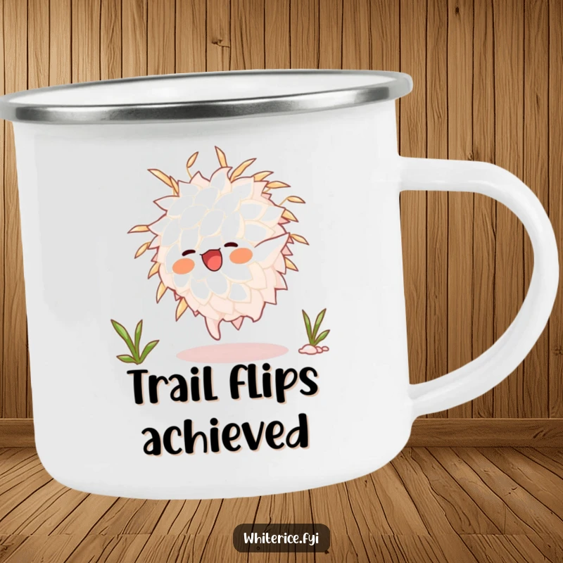 Funny animated white rice grain character performing a somersault, on a durable camping mug, perfect for enjoying beverages on the go outdoors.