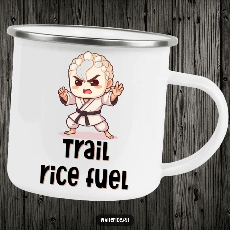 Funny camping mug featuring a delighted grain of rice performing a martial arts pose, ready for outdoor adventures.