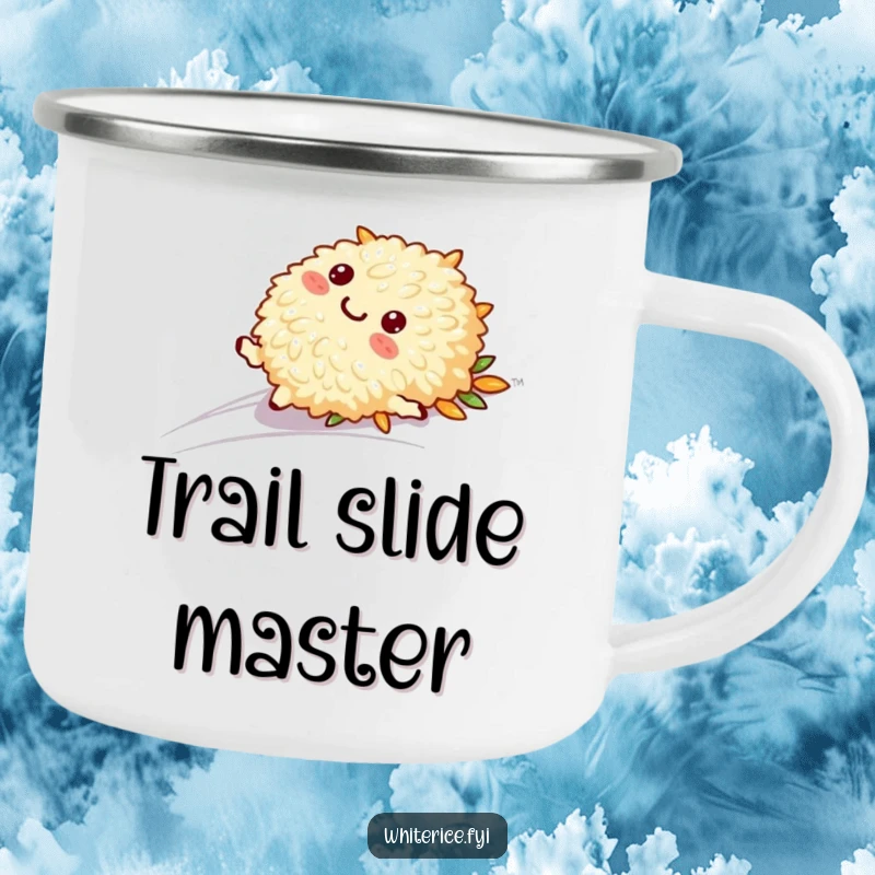 Funny camping mug with a playful rice character in a smooth slide, designed for outdoor fun and a relaxed spirit.