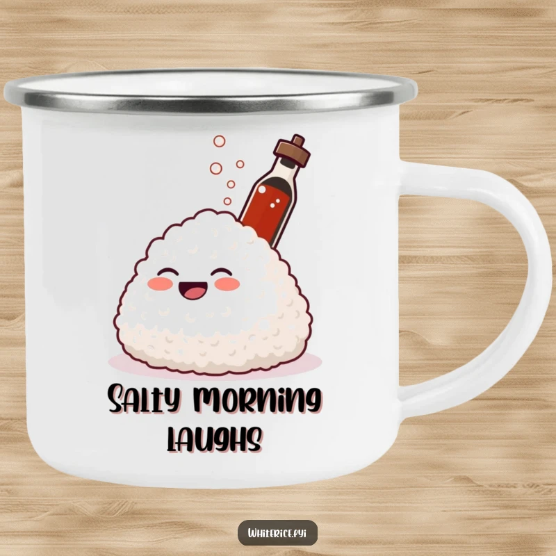 Funny camping mug with a giggling mound of rice laughing as soy sauce sprays. Durable and humorous.