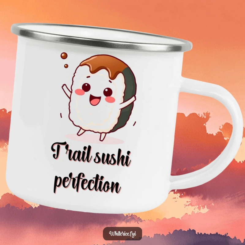 Funny kawaii sushi roll camping mug, character dancing with soy sauce, durable and amusing outdoor mug.