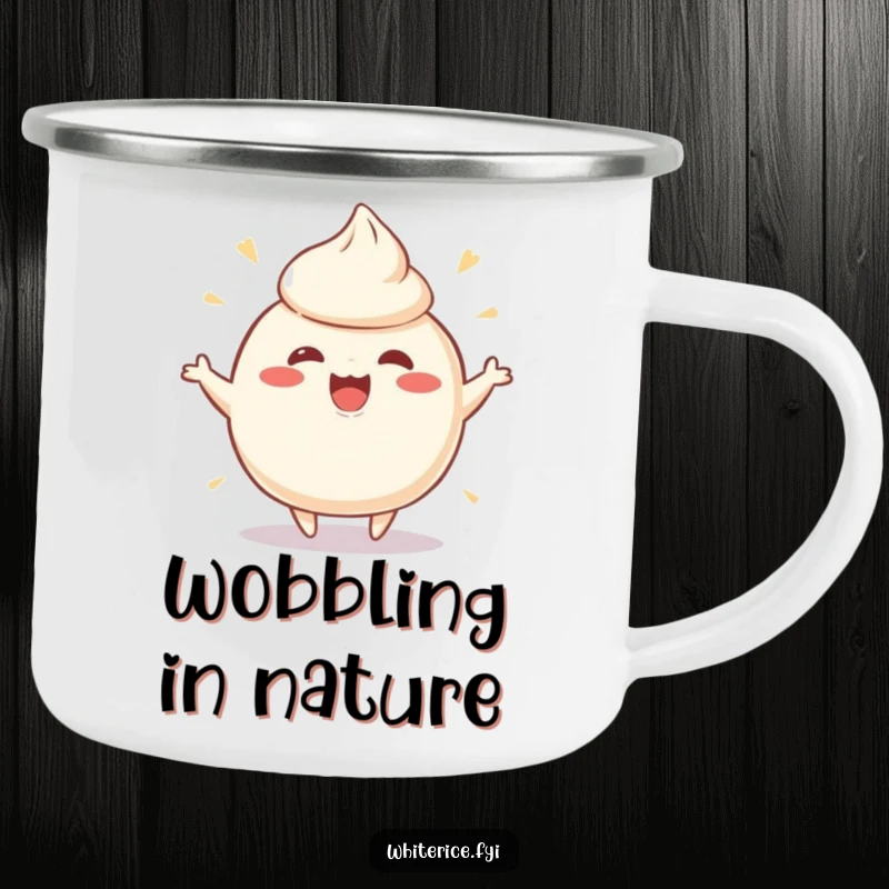 Funny camping mug with a playful, wobbly rice pudding character wobbling ecstatically, perfect for outdoor fun and happy campers.