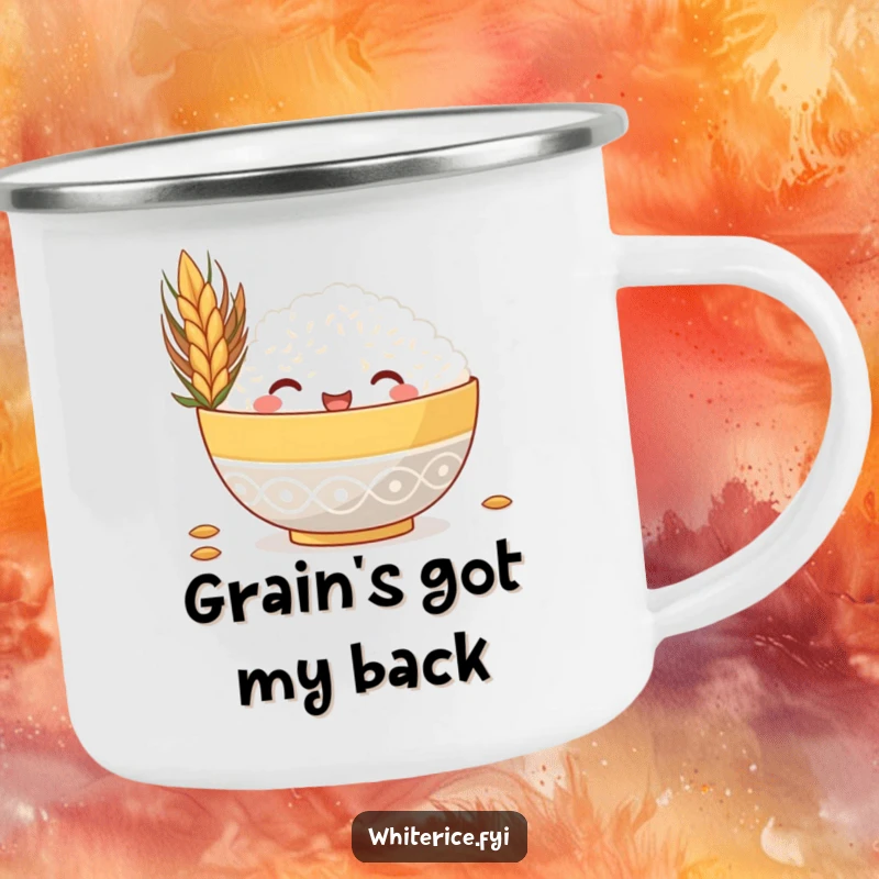 Funny camping mug with a cute rice bowl peeking from behind a huge grain, designed for durability and humor.