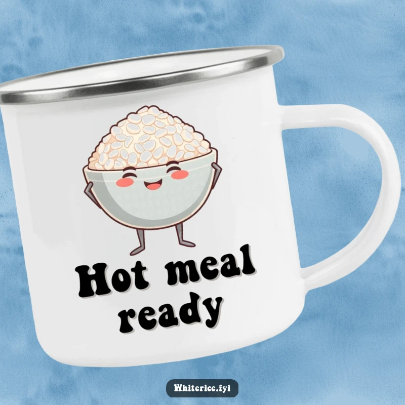 Funny proud rice bowl camping mug featuring a smiling bowl of rice with tiny legs in a proud pose.