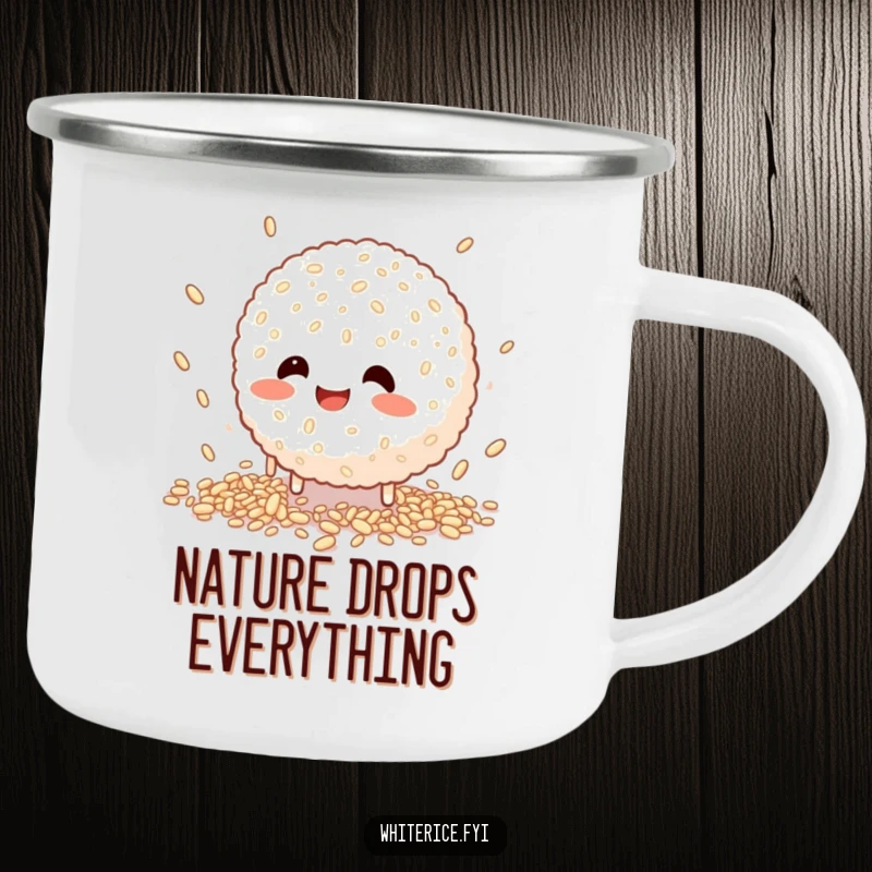 Funny camping mug showing a happy rice ball character comically failing to catch falling grains, perfect for rugged humor.