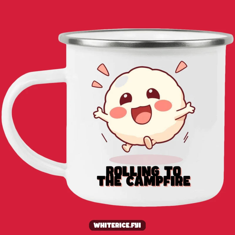 Funny Kawaii Risotto Ball Camping Mug: Excited Rolling Character, Playful Outdoor Gift