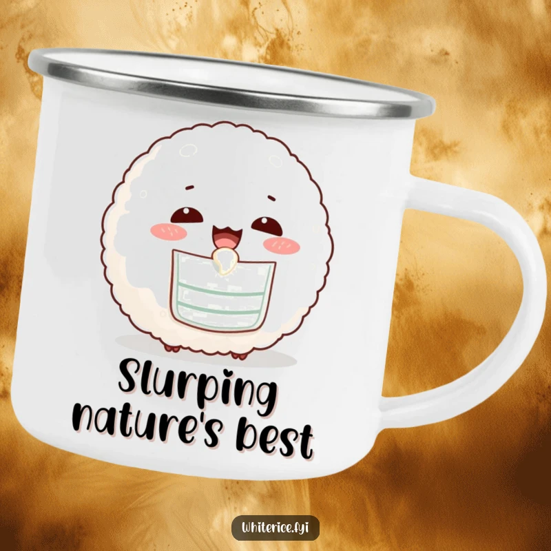Funny camping mug with a cute rice ball in a bib, happily slurping, ready for outdoor fun.