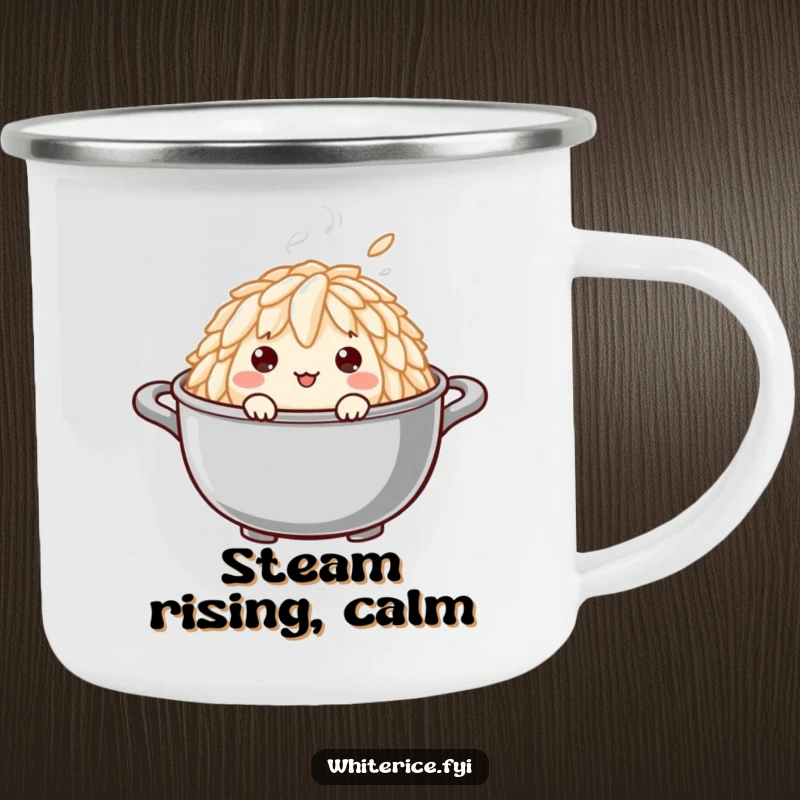 Funny camping mug with a curious rice grain peeking out from a steaming pot, designed for outdoor enthusiasts and humor lovers.