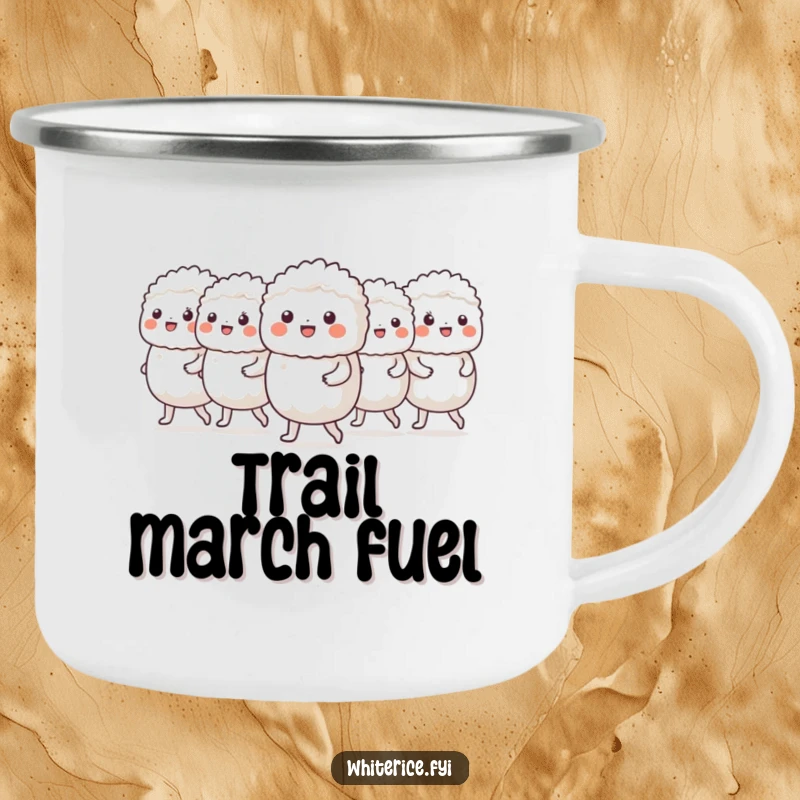 Funny camping mug featuring a cheerful group of white rice characters marching in a neat line, for outdoor order.
