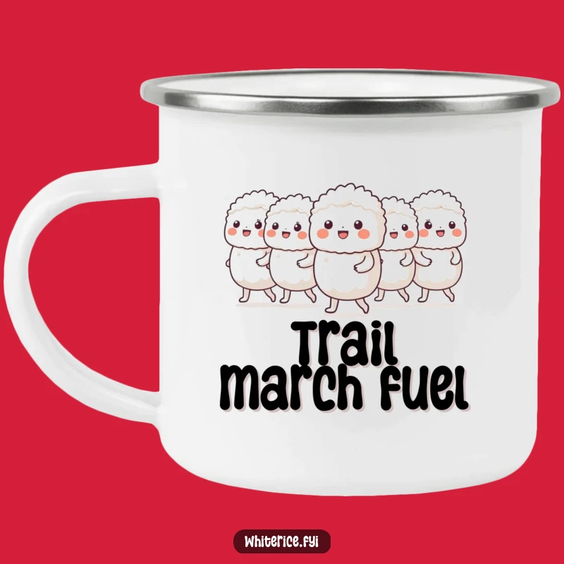 Funny Rice Marching Camping Mug: Orderly Adventures with Cheerful Characters