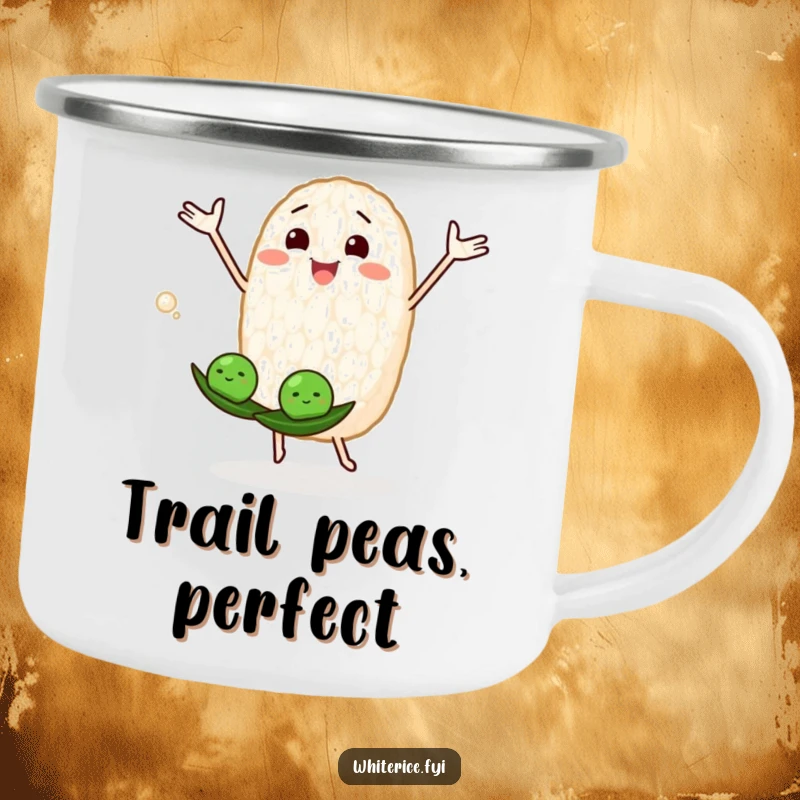 Funny camping mug with a joyous rice grain character juggling peas, great for outdoor fun and humor.
