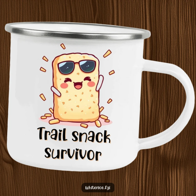 Funny camping mug with a kawaii rice cracker character making a crisp, triumphant snap, perfect for outdoor humor.