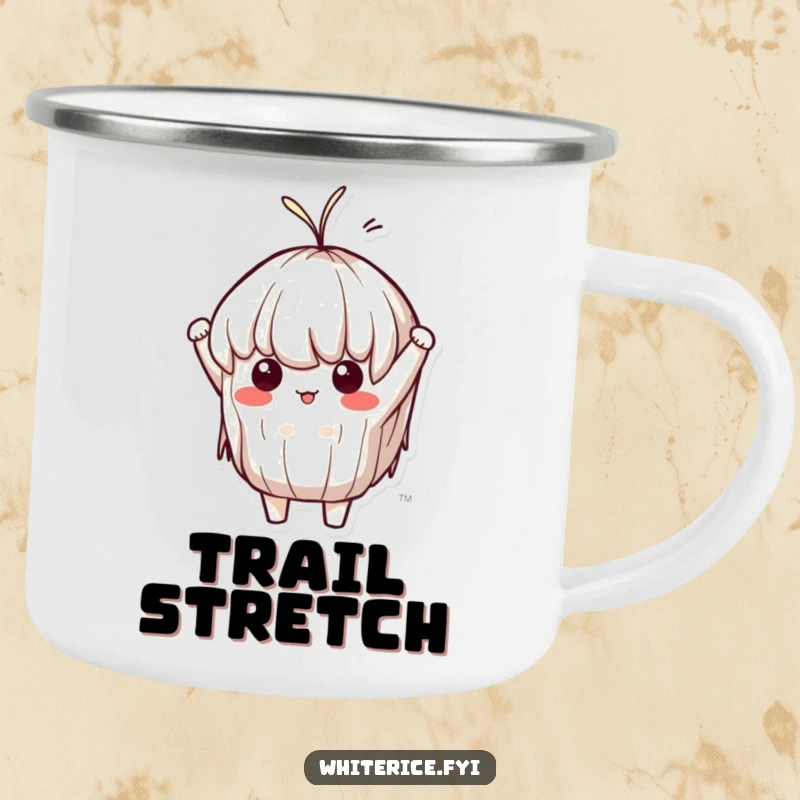 Funny Sticky Rice Camping Mug: A determined Kawaii character stretching like taffy, bringing humor and resilience to outdoor adventures.
