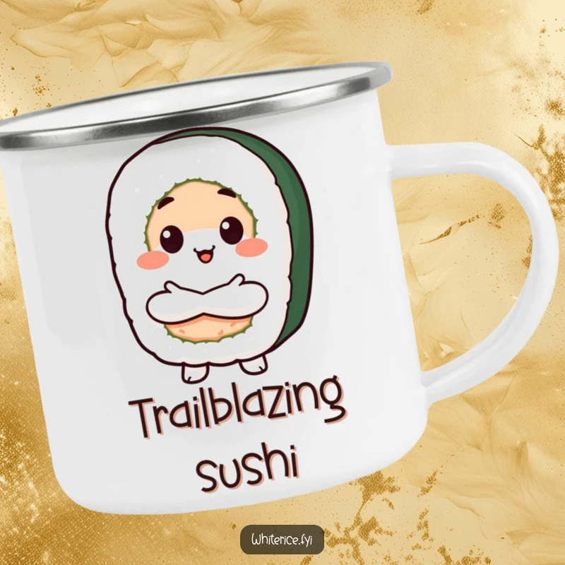 Funny Proud Sushi Camping Mug with a beaming sushi roll character, arms crossed in pride, perfect for enjoying beverages outdoors with delicious humor.