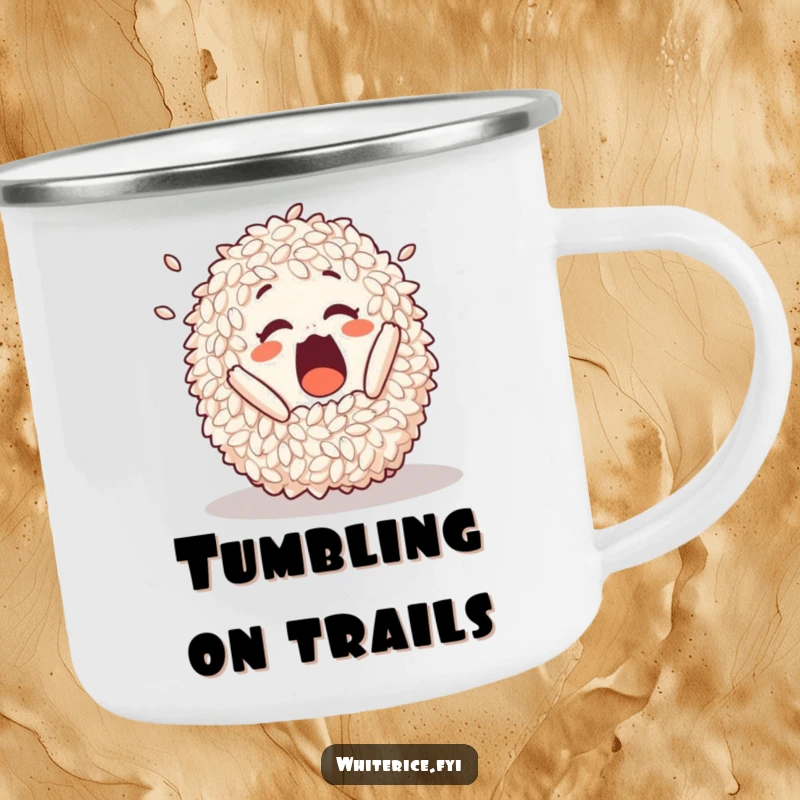 Funny camping mug with a surprised pile of rice playfully tumbling, ready for outdoor fun.