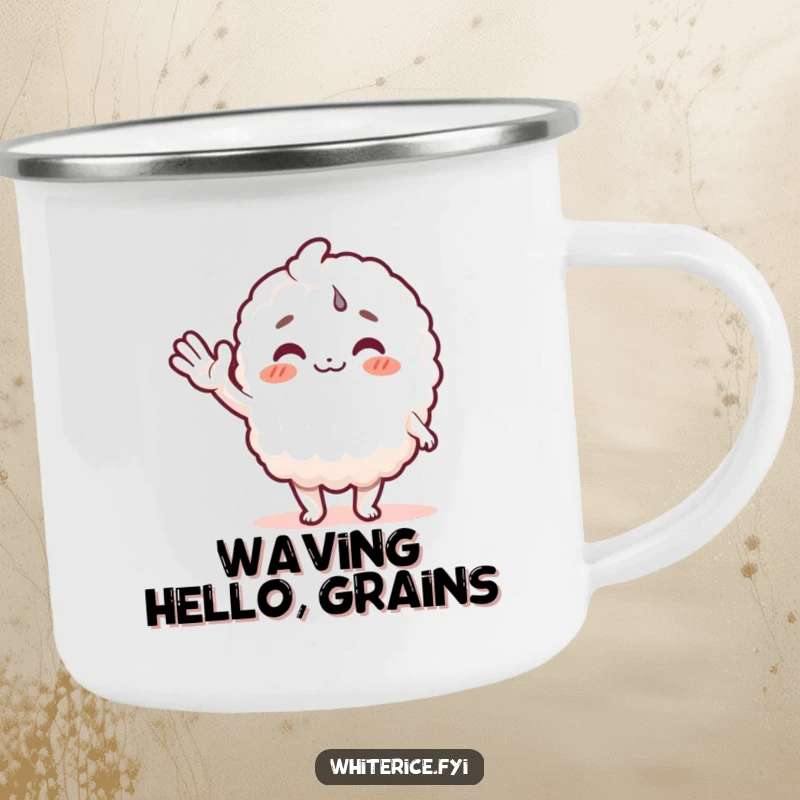 Funny rice character camping mug featuring a smiling white rice grain character waving hello, ideal for outdoor brews.
