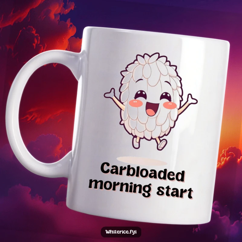 Funny mug featuring a cheerful white rice grain character comically leaping with boundless energy and a big smile.