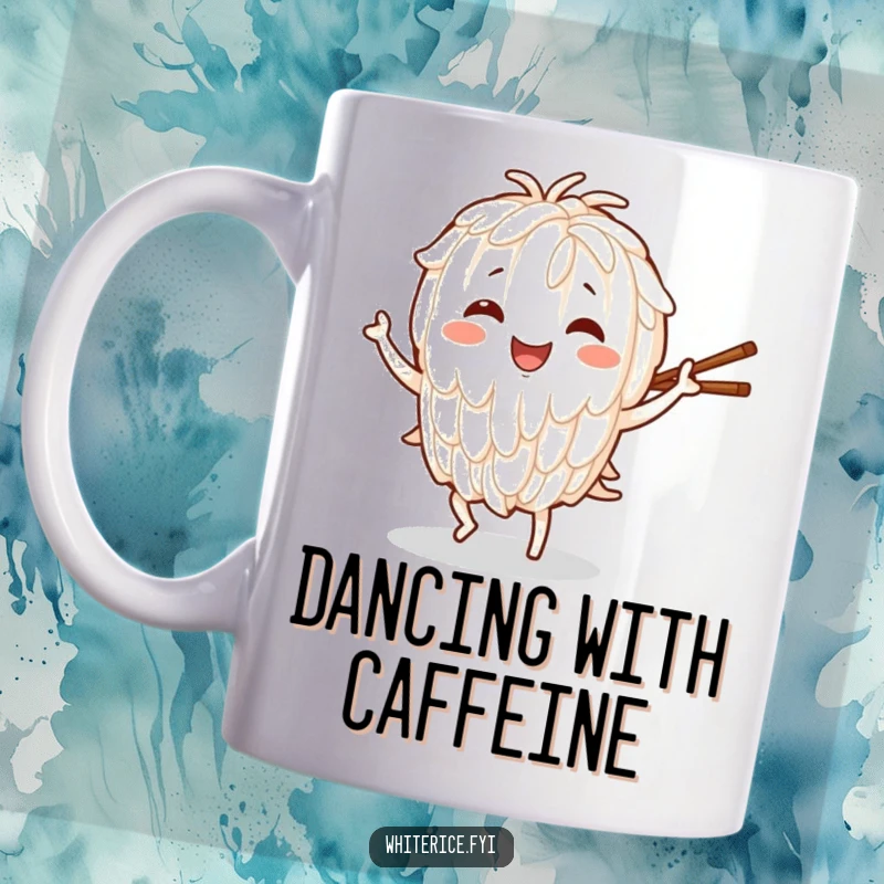 Funny mug featuring a smiling rice character in a joyful dance pose, playfully holding chopsticks, celebrating food and fun.