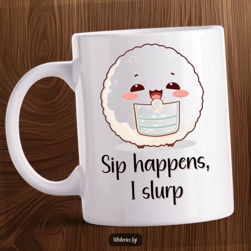 Funny mug featuring an amused rice ball wearing a tiny bib, happily slurping with a contented expression.