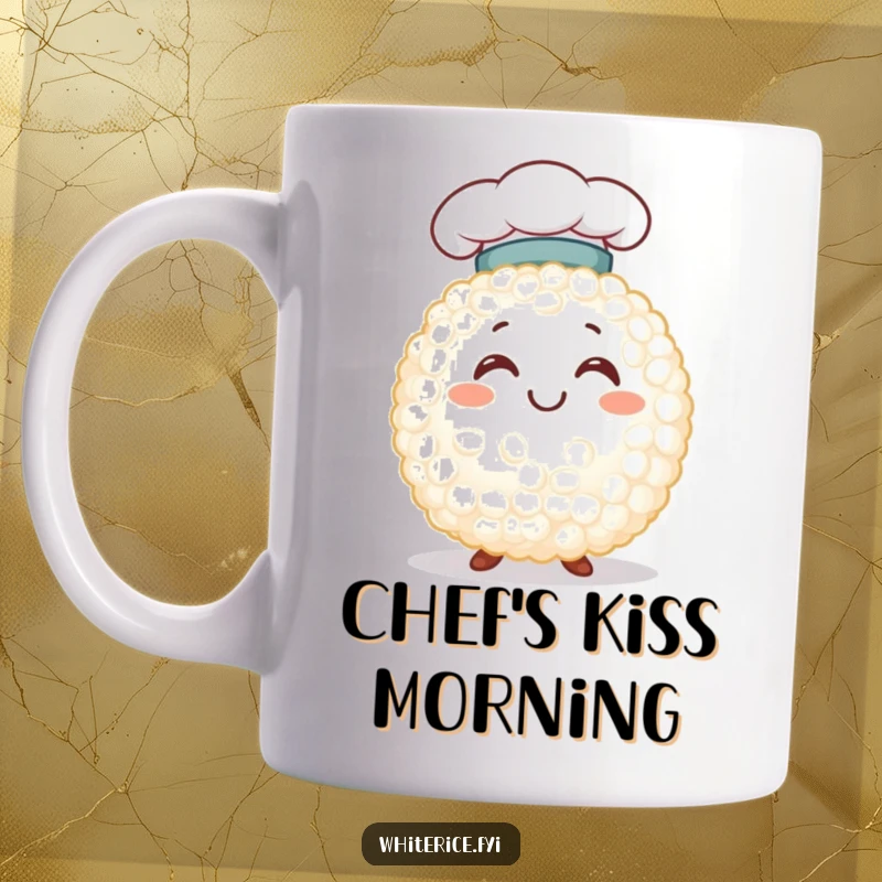Funny smiling white rice grain character wearing a tiny chef hat, holding a whisk, depicted on a mug, embodying culinary delight.