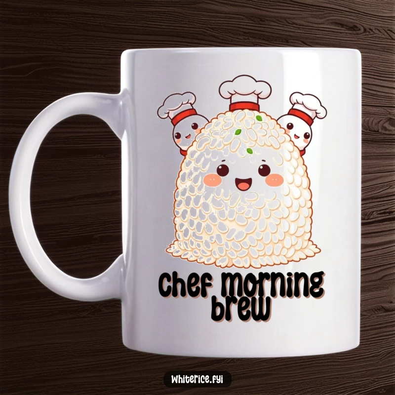 Funny mug featuring a proud mound of rice characters wearing tiny chef hats, exuding culinary confidence.